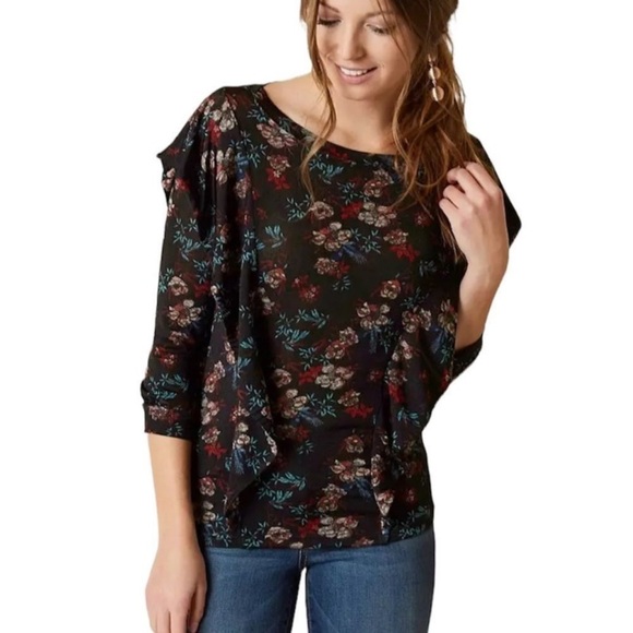 Free People Dock Street Top 3/4 Sleeve Black Blue Floral Ruffled Women’s L large - Picture 1 of 7